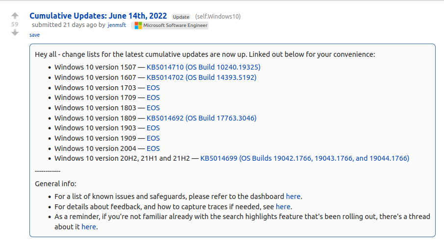 cumulative update list by u/jenmsft on windows subreddit